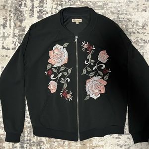 Zipper front flower embroidered jacket